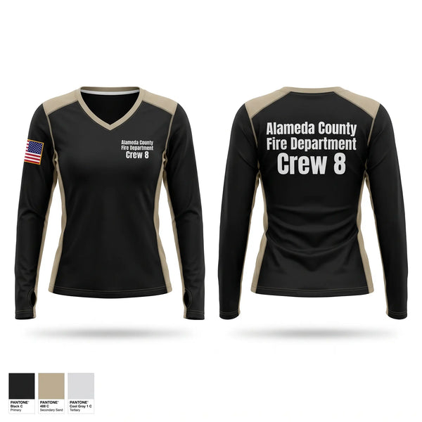 Womens Long Sleeve Vneck Shirt, Alameda County Fire Department Crew 8, Fire Department, Teamtime, Team time, sublimation, custom sports apparel, team uniforms, spirit wear, spiritwear, sports uniforms, custom shirts, team store, custom team store, fundraiser sports, apparel fundraiser