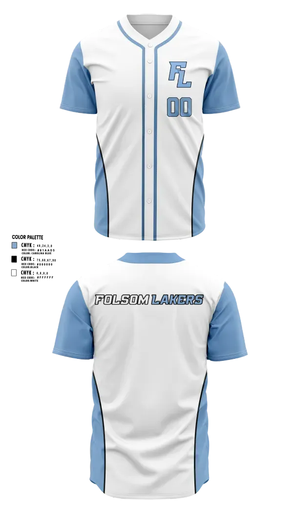 Full Button Baseball Jersey, Folsom Lakers, Baseball, Teamtime, Team time, sublimation, custom sports apparel, team uniforms, spirit wear, spiritwear, sports uniforms, custom shirts, team store, custom team store, fundraiser sports, apparel fundraiser
