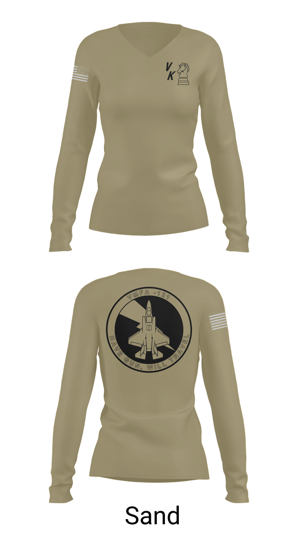 Womens Long Sleeve Vneck Shirt, VMFA-121, , Teamtime, Team time, sublimation, custom sports apparel, team uniforms, spirit wear, spiritwear, sports uniforms, custom shirts, team store, custom team store, fundraiser sports, apparel fundraiser