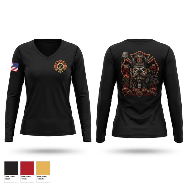 Womens Long Sleeve Vneck Shirt, Okmulgee Firefighters, Fire Department, Teamtime, Team time, sublimation, custom sports apparel, team uniforms, spirit wear, spiritwear, sports uniforms, custom shirts, team store, custom team store, fundraiser sports, apparel fundraiser