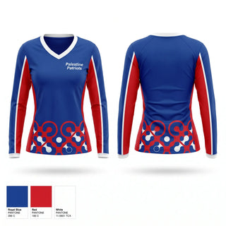 Womens Long Sleeve Vneck Shirt, Palestine Patriots, Cheer, Teamtime, Team time, sublimation, custom sports apparel, team uniforms, spirit wear, spiritwear, sports uniforms, custom shirts, team store, custom team store, fundraiser sports, apparel fundraiser