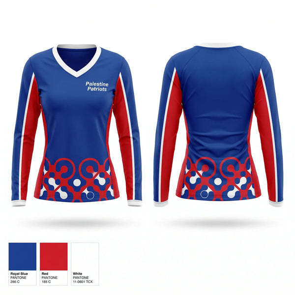 Womens Long Sleeve Vneck Shirt, Palestine Patriots, Cheer, Teamtime, Team time, sublimation, custom sports apparel, team uniforms, spirit wear, spiritwear, sports uniforms, custom shirts, team store, custom team store, fundraiser sports, apparel fundraiser
