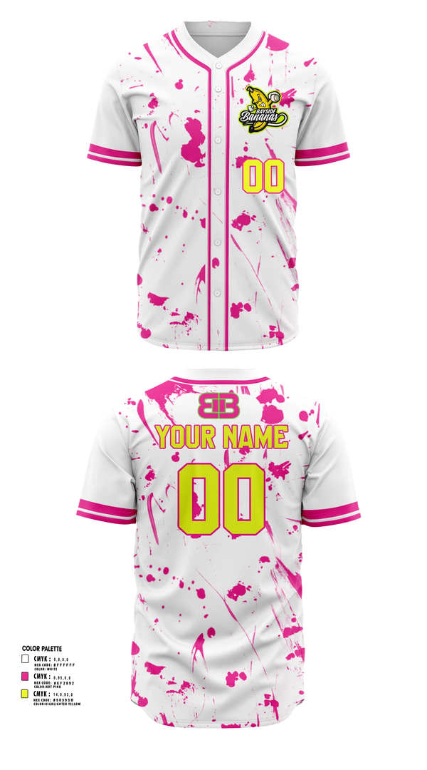 Full Button Baseball Jersey, Bayside Bananas, Baseball, Teamtime, Team time, sublimation, custom sports apparel, team uniforms, spirit wear, spiritwear, sports uniforms, custom shirts, team store, custom team store, fundraiser sports, apparel fundraiser