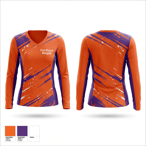 Womens Long Sleeve Vneck Shirt, Fort Pierce Bengals, , Teamtime, Team time, sublimation, custom sports apparel, team uniforms, spirit wear, spiritwear, sports uniforms, custom shirts, team store, custom team store, fundraiser sports, apparel fundraiser