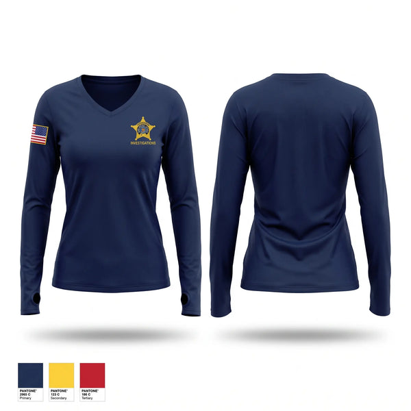 Womens Long Sleeve Vneck Shirt, Investigations, Police, Teamtime, Team time, sublimation, custom sports apparel, team uniforms, spirit wear, spiritwear, sports uniforms, custom shirts, team store, custom team store, fundraiser sports, apparel fundraiser