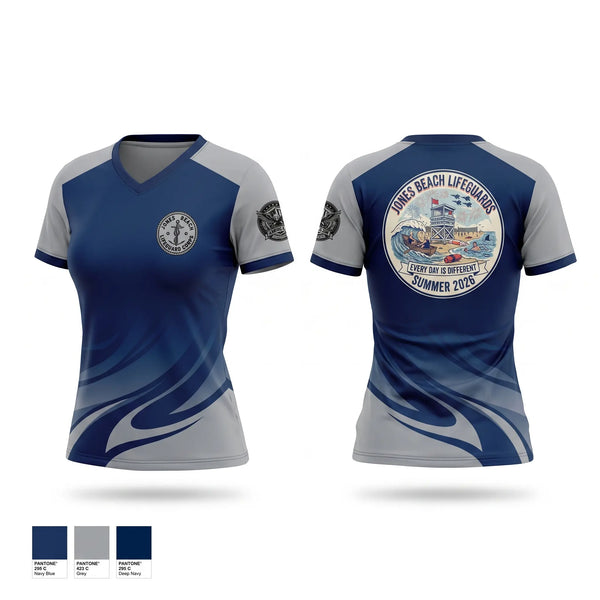Womens Short Sleeve Vneck Shirt, Jones Beach Lifeguard Corp, , Teamtime, Team time, sublimation, custom sports apparel, team uniforms, spirit wear, spiritwear, sports uniforms, custom shirts, team store, custom team store, fundraiser sports, apparel fundraiser