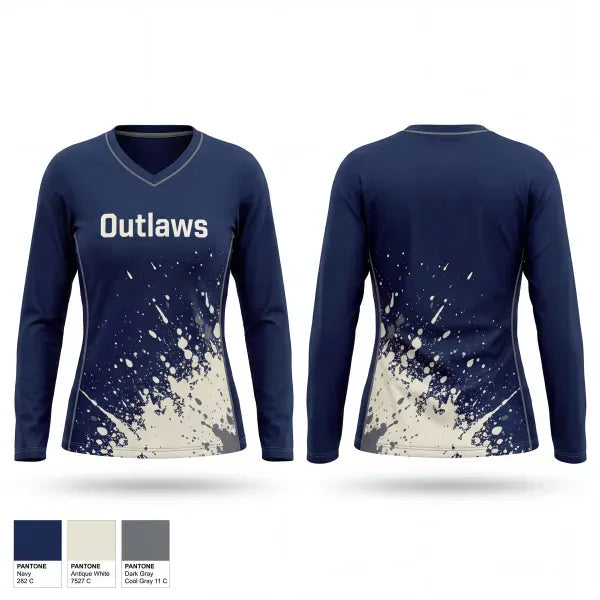 Womens Long Sleeve Vneck Shirt, Outlaws, Softball, Teamtime, Team time, sublimation, custom sports apparel, team uniforms, spirit wear, spiritwear, sports uniforms, custom shirts, team store, custom team store, fundraiser sports, apparel fundraiser