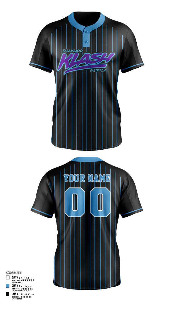 Two Button Softball Jersey, Kalamazoo Klash, Softball, Teamtime, Team time, sublimation, custom sports apparel, team uniforms, spirit wear, spiritwear, sports uniforms, custom shirts, team store, custom team store, fundraiser sports, apparel fundraiser
