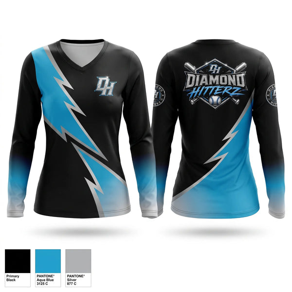 Womens Long Sleeve Vneck Shirt, Diamond Hitterz, Baseball, Teamtime, Team time, sublimation, custom sports apparel, team uniforms, spirit wear, spiritwear, sports uniforms, custom shirts, team store, custom team store, fundraiser sports, apparel fundraiser