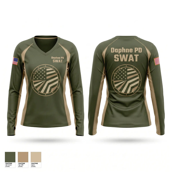 Womens Long Sleeve Vneck Shirt, Daphne PD SWAT, Police, Teamtime, Team time, sublimation, custom sports apparel, team uniforms, spirit wear, spiritwear, sports uniforms, custom shirts, team store, custom team store, fundraiser sports, apparel fundraiser