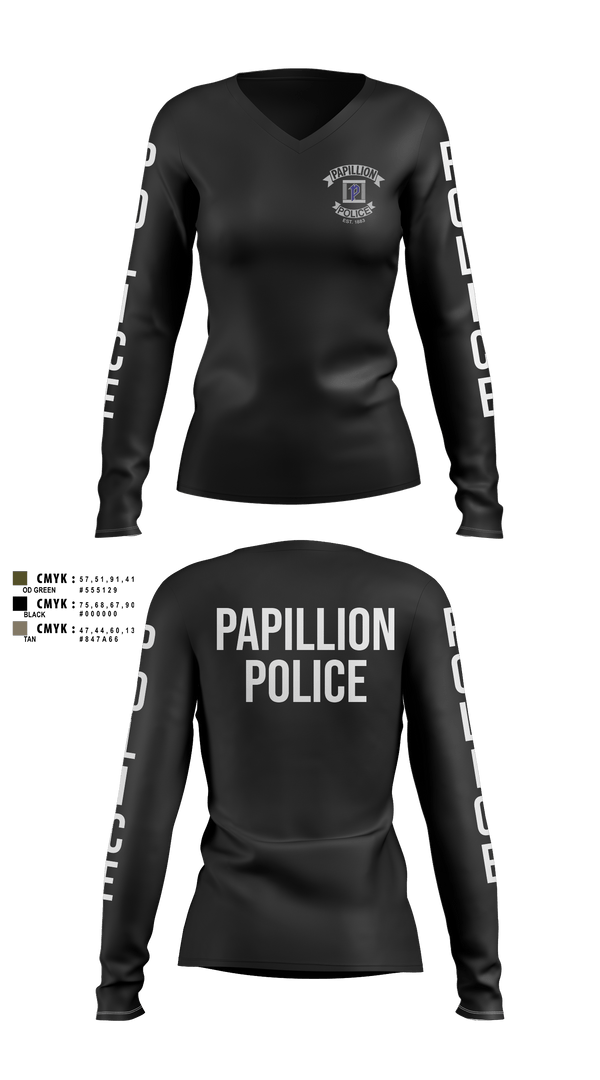 Womens Long Sleeve Vneck Shirt, Papillion Police Department, Police, Teamtime, Team time, sublimation, custom sports apparel, team uniforms, spirit wear, spiritwear, sports uniforms, custom shirts, team store, custom team store, fundraiser sports, apparel fundraiser