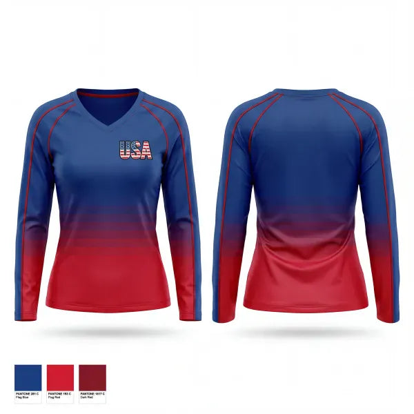 Womens Long Sleeve Vneck Shirt, USA, Baseball, Teamtime, Team time, sublimation, custom sports apparel, team uniforms, spirit wear, spiritwear, sports uniforms, custom shirts, team store, custom team store, fundraiser sports, apparel fundraiser