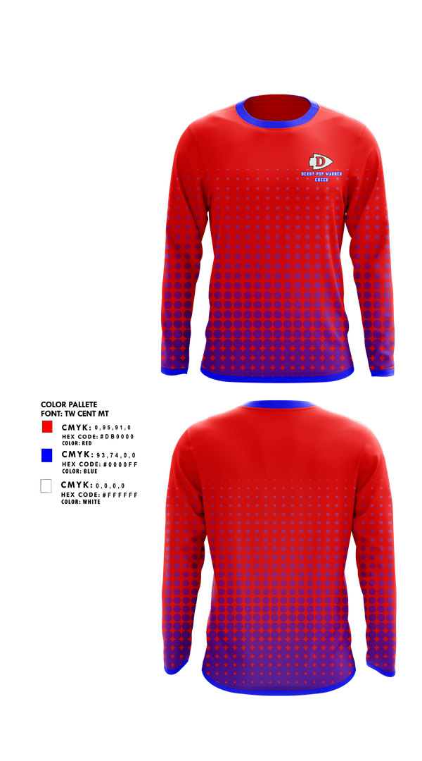 Long Sleeve Performance Shirt, Derby Pop Warner Cheer, Cheer, Teamtime, Team time, sublimation, custom sports apparel, team uniforms, spirit wear, spiritwear, sports uniforms, custom shirts, team store, custom team store, fundraiser sports, apparel fundraiser