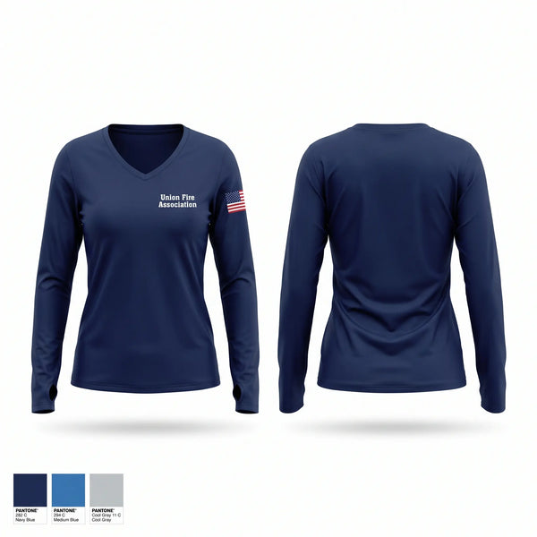 Womens Long Sleeve Vneck Shirt, Union Fire Association, Fire Department, Teamtime, Team time, sublimation, custom sports apparel, team uniforms, spirit wear, spiritwear, sports uniforms, custom shirts, team store, custom team store, fundraiser sports, apparel fundraiser