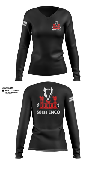 Womens Long Sleeve Vneck Shirt, 381 EN CO, Army, Teamtime, Team time, sublimation, custom sports apparel, team uniforms, spirit wear, spiritwear, sports uniforms, custom shirts, team store, custom team store, fundraiser sports, apparel fundraiser