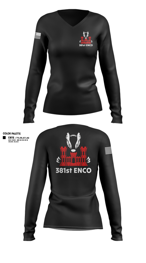 Womens Long Sleeve Vneck Shirt, 381 EN CO, Army, Teamtime, Team time, sublimation, custom sports apparel, team uniforms, spirit wear, spiritwear, sports uniforms, custom shirts, team store, custom team store, fundraiser sports, apparel fundraiser