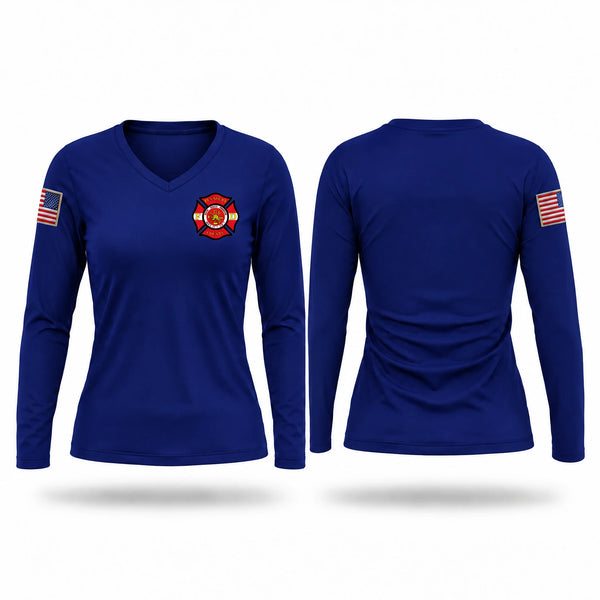 Womens Long Sleeve Vneck Shirt, Pendleton County Fire Dept, Fire Department, Teamtime, Team time, sublimation, custom sports apparel, team uniforms, spirit wear, spiritwear, sports uniforms, custom shirts, team store, custom team store, fundraiser sports, apparel fundraiser