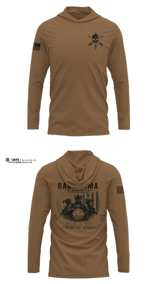 Long Sleeve Performance Shirt with hood, Bad Karma, Army, Teamtime, Team time, sublimation, custom sports apparel, team uniforms, spirit wear, spiritwear, sports uniforms, custom shirts, team store, custom team store, fundraiser sports, apparel fundraiser