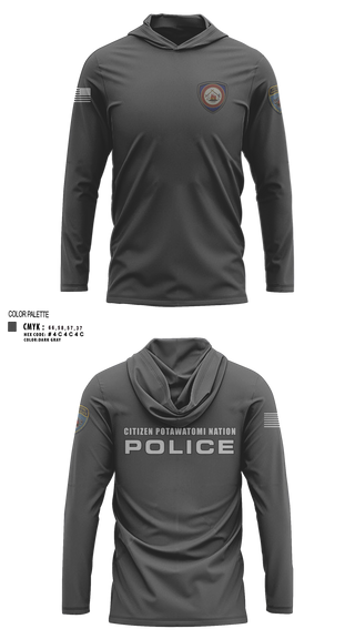 Long Sleeve Performance Shirt with hood, Citizen Pottawatomie nation Police Department, Police, Teamtime, Team time, sublimation, custom sports apparel, team uniforms, spirit wear, spiritwear, sports uniforms, custom shirts, team store, custom team store, fundraiser sports, apparel fundraiser