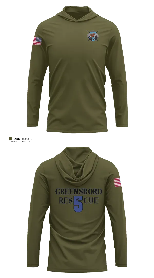 Long Sleeve Performance Shirt with hood, Greensboro Fire Department Rescue 5, Fire Department, Teamtime, Team time, sublimation, custom sports apparel, team uniforms, spirit wear, spiritwear, sports uniforms, custom shirts, team store, custom team store, fundraiser sports, apparel fundraiser