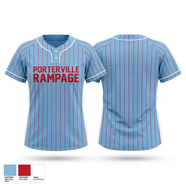 Two Button Softball Jersey, Porterville Rampage, Softball, Teamtime, Team time, sublimation, custom sports apparel, team uniforms, spirit wear, spiritwear, sports uniforms, custom shirts, team store, custom team store, fundraiser sports, apparel fundraiser