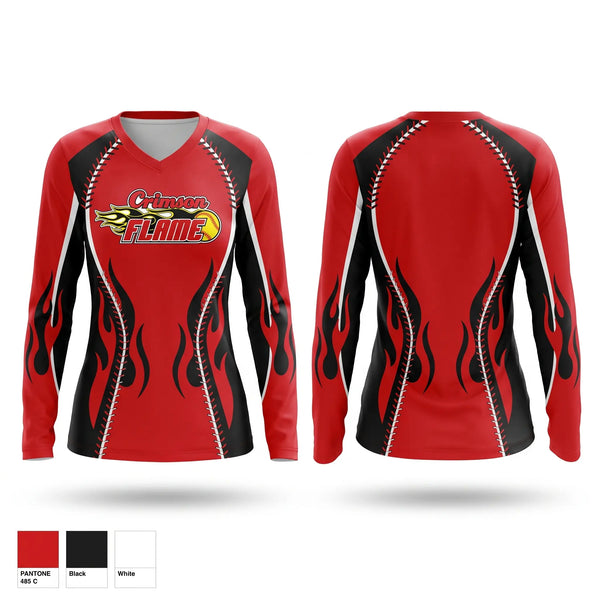 Womens Long Sleeve Vneck Shirt, Crimson Flames, Softball, Teamtime, Team time, sublimation, custom sports apparel, team uniforms, spirit wear, spiritwear, sports uniforms, custom shirts, team store, custom team store, fundraiser sports, apparel fundraiser