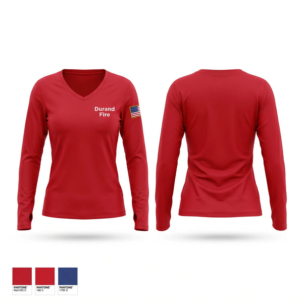 Womens Long Sleeve Vneck Shirt, Durand Fire, Fire Department, Teamtime, Team time, sublimation, custom sports apparel, team uniforms, spirit wear, spiritwear, sports uniforms, custom shirts, team store, custom team store, fundraiser sports, apparel fundraiser