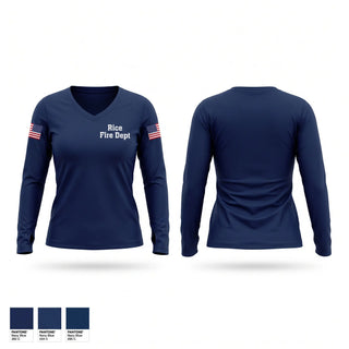 Womens Long Sleeve Vneck Shirt, Rice Fire Dept, Fire Department, Teamtime, Team time, sublimation, custom sports apparel, team uniforms, spirit wear, spiritwear, sports uniforms, custom shirts, team store, custom team store, fundraiser sports, apparel fundraiser