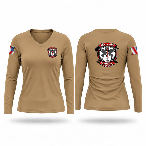 Womens Long Sleeve Vneck Shirt, XENIA FIRE PROTECTION DISTRICT, Fire Department, Teamtime, Team time, sublimation, custom sports apparel, team uniforms, spirit wear, spiritwear, sports uniforms, custom shirts, team store, custom team store, fundraiser sports, apparel fundraiser