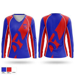 Womens Long Sleeve Vneck Shirt, Blue Devils, Softball, Teamtime, Team time, sublimation, custom sports apparel, team uniforms, spirit wear, spiritwear, sports uniforms, custom shirts, team store, custom team store, fundraiser sports, apparel fundraiser