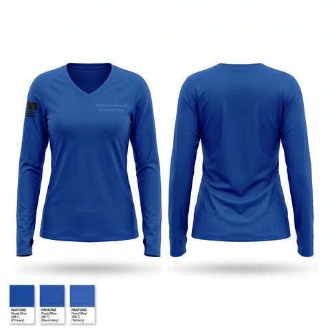 Womens Long Sleeve Vneck Shirt, Christopher Newport University Police, Police, Teamtime, Team time, sublimation, custom sports apparel, team uniforms, spirit wear, spiritwear, sports uniforms, custom shirts, team store, custom team store, fundraiser sports, apparel fundraiser