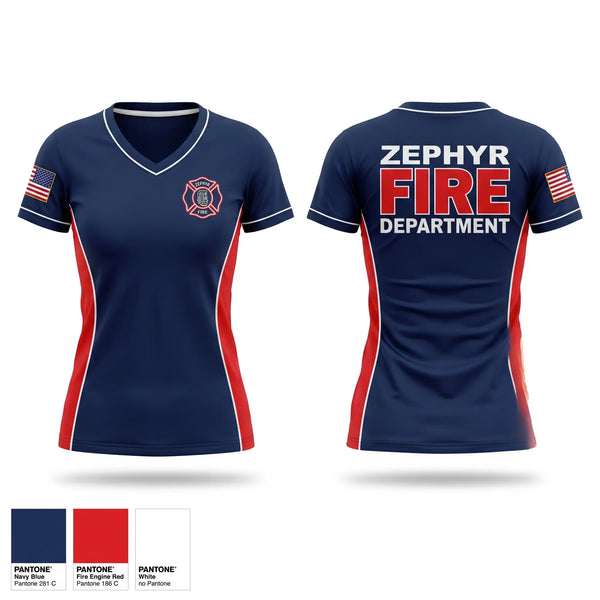Womens Short Sleeve Vneck Shirt, Zephyr Volunteer Fire Department, Fire Department, Teamtime, Team time, sublimation, custom sports apparel, team uniforms, spirit wear, spiritwear, sports uniforms, custom shirts, team store, custom team store, fundraiser sports, apparel fundraiser