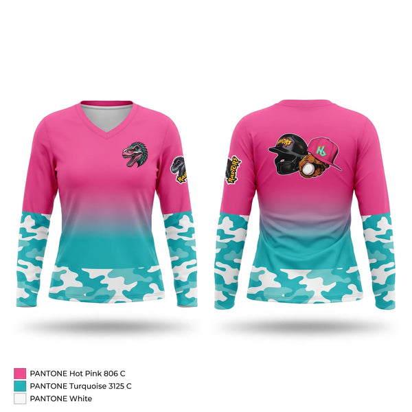 Womens Long Sleeve Vneck Shirt, PyroRaptors, Baseball, Teamtime, Team time, sublimation, custom sports apparel, team uniforms, spirit wear, spiritwear, sports uniforms, custom shirts, team store, custom team store, fundraiser sports, apparel fundraiser