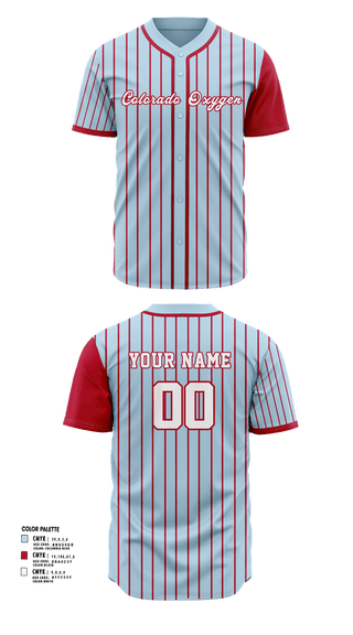 Full Button Baseball Jersey, Colorado Oxygen, Baseball, Teamtime, Team time, sublimation, custom sports apparel, team uniforms, spirit wear, spiritwear, sports uniforms, custom shirts, team store, custom team store, fundraiser sports, apparel fundraiser