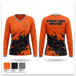Womens Long Sleeve Vneck Shirt, Honaker Tigers, Wrestling, Teamtime, Team time, sublimation, custom sports apparel, team uniforms, spirit wear, spiritwear, sports uniforms, custom shirts, team store, custom team store, fundraiser sports, apparel fundraiser