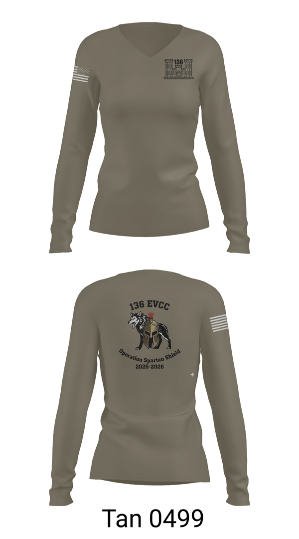Womens Long Sleeve Vneck Shirt, 136 EVCC, Army, Teamtime, Team time, sublimation, custom sports apparel, team uniforms, spirit wear, spiritwear, sports uniforms, custom shirts, team store, custom team store, fundraiser sports, apparel fundraiser