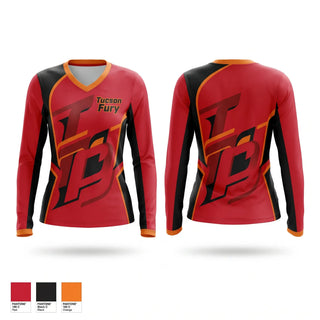 Womens Long Sleeve Vneck Shirt, Tucson Fury, Softball, Teamtime, Team time, sublimation, custom sports apparel, team uniforms, spirit wear, spiritwear, sports uniforms, custom shirts, team store, custom team store, fundraiser sports, apparel fundraiser