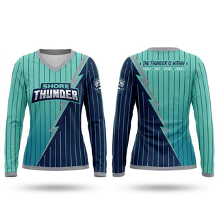 Womens Long Sleeve Vneck Shirt, Shore ThunderWicked Woman Welding, Softball, Teamtime, Team time, sublimation, custom sports apparel, team uniforms, spirit wear, spiritwear, sports uniforms, custom shirts, team store, custom team store, fundraiser sports, apparel fundraiser