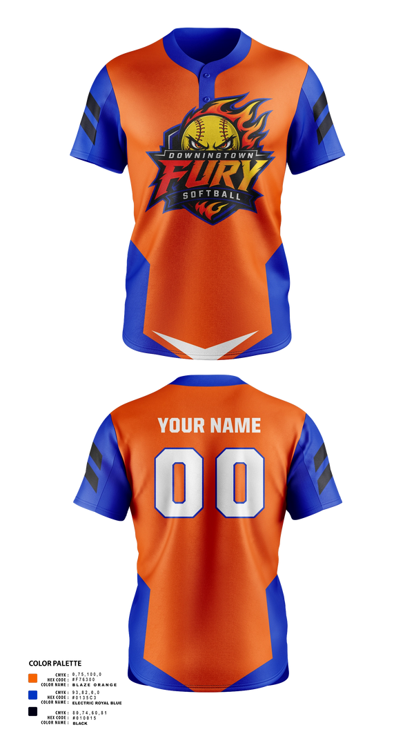 Two Button Softball Jersey, Downingtown Fury, Softball, Teamtime, Team time, sublimation, custom sports apparel, team uniforms, spirit wear, spiritwear, sports uniforms, custom shirts, team store, custom team store, fundraiser sports, apparel fundraiser
