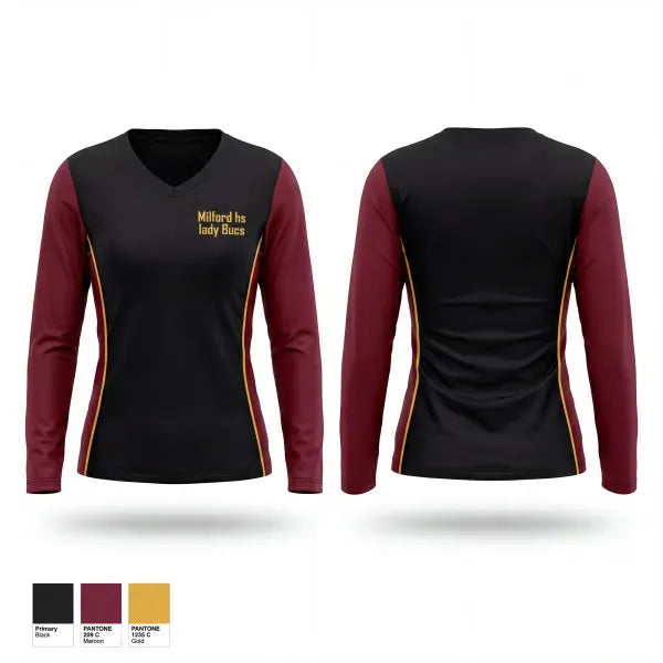 Womens Long Sleeve Vneck Shirt, Milford hs lady Bucs, Women's Lacrosse, Teamtime, Team time, sublimation, custom sports apparel, team uniforms, spirit wear, spiritwear, sports uniforms, custom shirts, team store, custom team store, fundraiser sports, apparel fundraiser