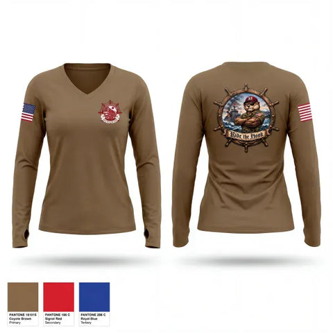 Womens Long Sleeve Vneck Shirt, Ride The Hook, Army, Teamtime, Team time, sublimation, custom sports apparel, team uniforms, spirit wear, spiritwear, sports uniforms, custom shirts, team store, custom team store, fundraiser sports, apparel fundraiser