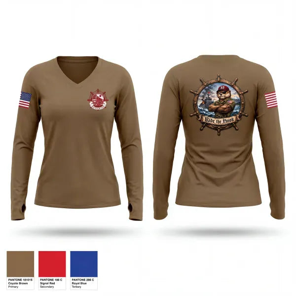 Womens Long Sleeve Vneck Shirt, Ride The Hook, Army, Teamtime, Team time, sublimation, custom sports apparel, team uniforms, spirit wear, spiritwear, sports uniforms, custom shirts, team store, custom team store, fundraiser sports, apparel fundraiser
