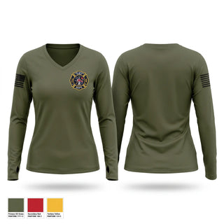 Womens Long Sleeve Vneck Shirt, Port Orford Fire Dept., Fire Department, Teamtime, Team time, sublimation, custom sports apparel, team uniforms, spirit wear, spiritwear, sports uniforms, custom shirts, team store, custom team store, fundraiser sports, apparel fundraiser