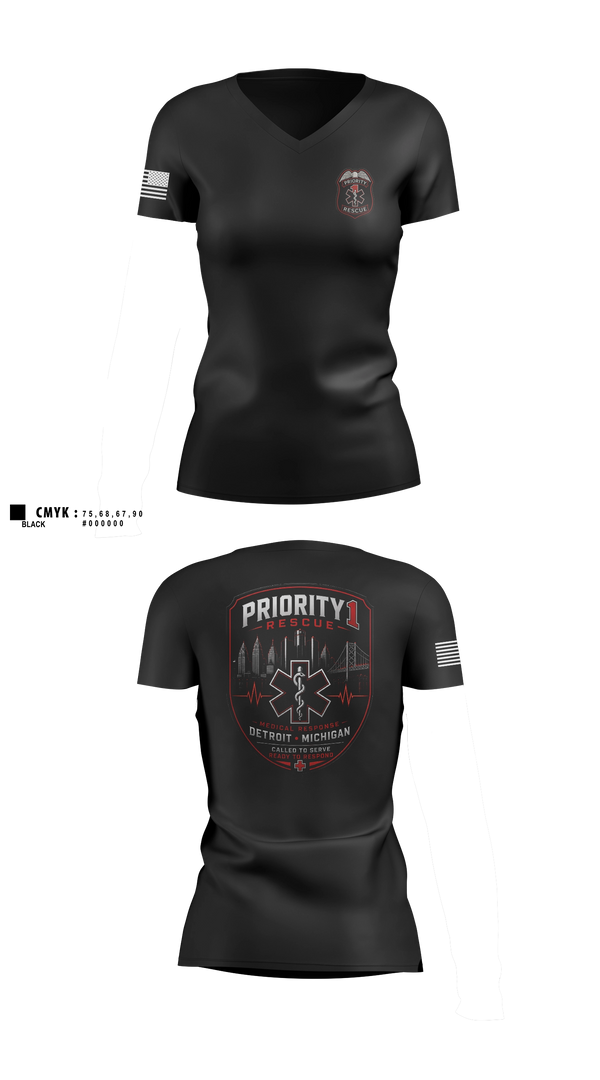 Womens Short Sleeve Vneck Shirt, Priority 1 Rescue, EMS/EMT, Teamtime, Team time, sublimation, custom sports apparel, team uniforms, spirit wear, spiritwear, sports uniforms, custom shirts, team store, custom team store, fundraiser sports, apparel fundraiser