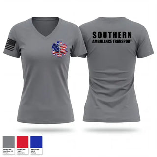 Womens Short Sleeve Vneck Shirt, Southern Ambulance Transport, EMS/EMT, Teamtime, Team time, sublimation, custom sports apparel, team uniforms, spirit wear, spiritwear, sports uniforms, custom shirts, team store, custom team store, fundraiser sports, apparel fundraiser