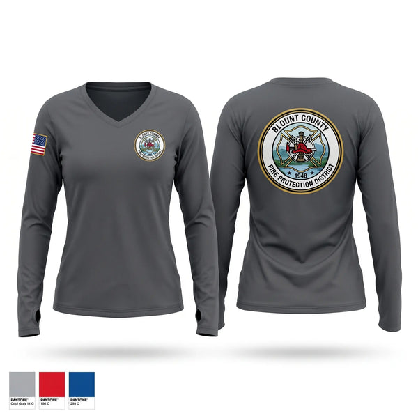 Womens Long Sleeve Vneck Shirt, Blount County Fire Protection District, Fire Department, Teamtime, Team time, sublimation, custom sports apparel, team uniforms, spirit wear, spiritwear, sports uniforms, custom shirts, team store, custom team store, fundraiser sports, apparel fundraiser