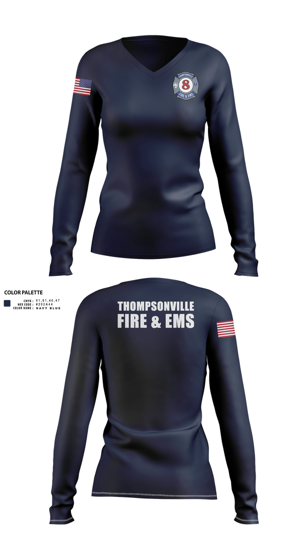 Womens Long Sleeve Vneck Shirt, Thompsonville Fire & EMS, Fire Department, Teamtime, Team time, sublimation, custom sports apparel, team uniforms, spirit wear, spiritwear, sports uniforms, custom shirts, team store, custom team store, fundraiser sports, apparel fundraiser