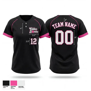 Two Button Softball Jersey, Glitter Bombs, Softball, Teamtime, Team time, sublimation, custom sports apparel, team uniforms, spirit wear, spiritwear, sports uniforms, custom shirts, team store, custom team store, fundraiser sports, apparel fundraiser