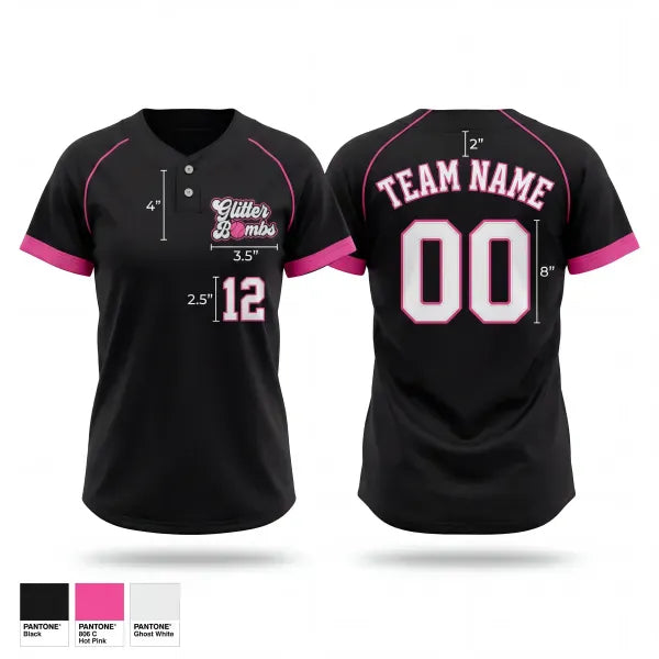 Two Button Softball Jersey, Glitter Bombs, Softball, Teamtime, Team time, sublimation, custom sports apparel, team uniforms, spirit wear, spiritwear, sports uniforms, custom shirts, team store, custom team store, fundraiser sports, apparel fundraiser