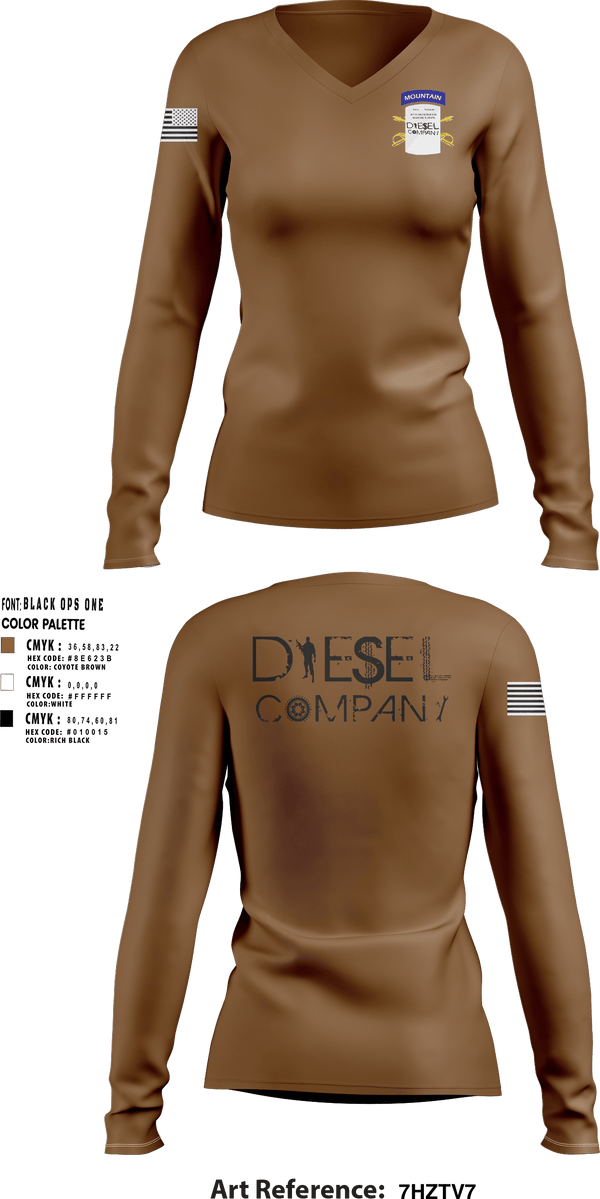Women's Long Sleeve Vneck Shirt, Delta Company, National Guard, Teamtime, Team time, sublimation, custom sports apparel, team uniforms, spirit wear, spiritwear, sports uniforms, custom shirts, team store, custom team store, fundraiser sports, apparel fundraiser